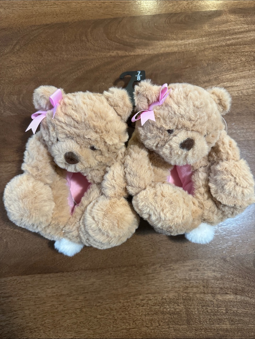 Wonder Nation Plush Teddy Bear Kids Fuzzy Slippers in Light Brown with Pink Bow